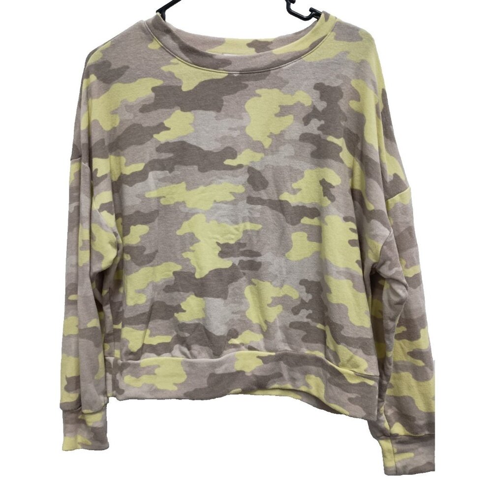 Evereve Peyton Jensen Womens Sweatshirt Medium Gray Yellow Camouflage Oversized